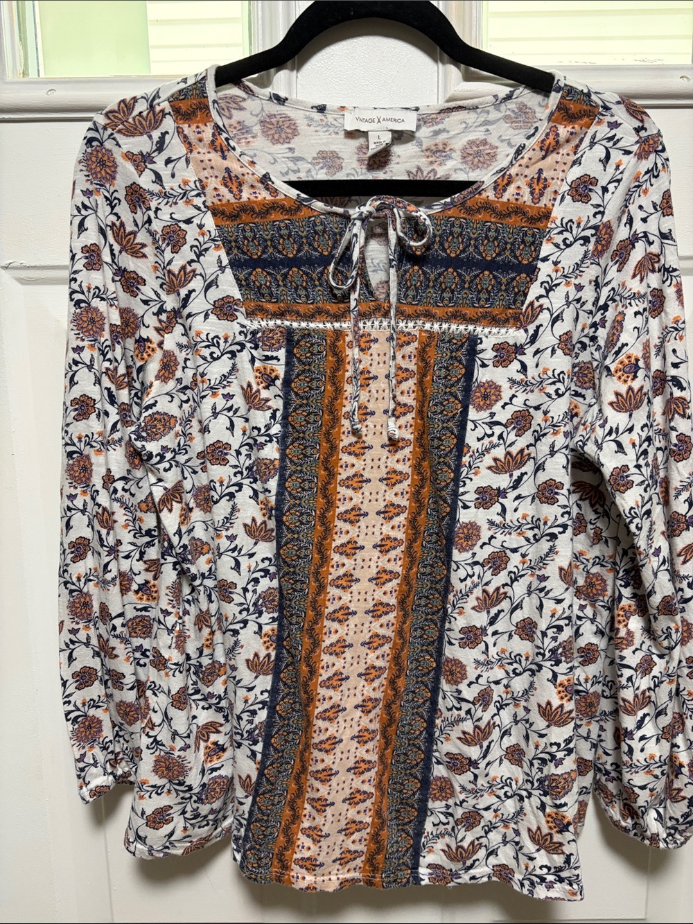 Vince Camuto White Floral Peasant Tunic with Rust & Navy Panel